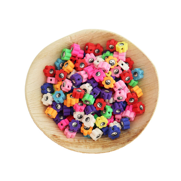 Flower Polymer Clay Beads 8mm - Assorted Florals with Yinyang - 50 Beads - BD1363