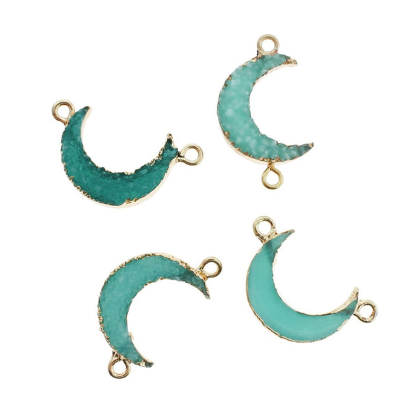 2 Green Crescent Moon Connector Druzy Gold Tone Resin Charms - K378