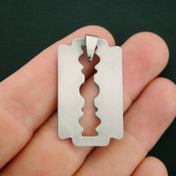 2 Razor Blade Stainless Steel Charms Stamping Tags - 38mm x 23mm - Attached Loop - MT601
