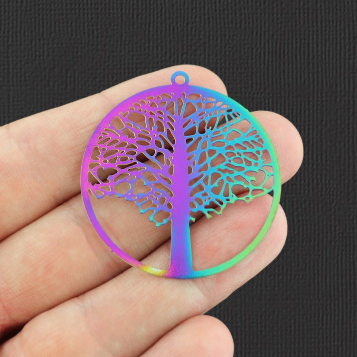 2 Tree of Life Rainbow Electroplated Stainless Steel Charms 2 Sided - SSP130