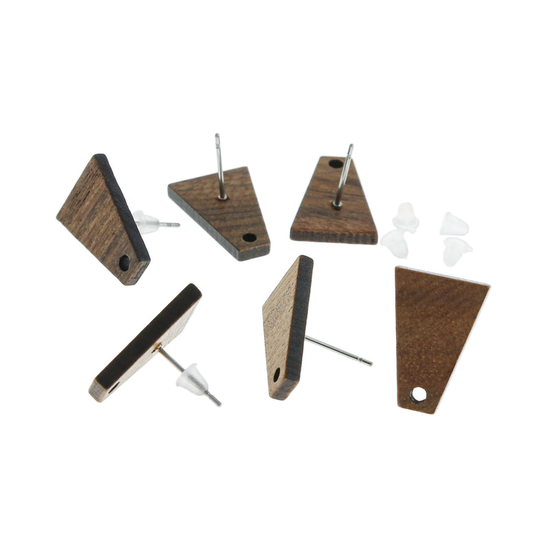 Wood Stainless Steel Earrings - Geometric Trapezoid Studs - 18mm x 13mm - 2 Pieces 1 Pair - ER319