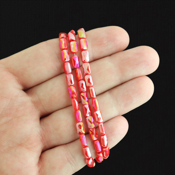 Faceted Rectangle Glass Beads 7mm x 4mm - Electroplated Red - 1 Strand 80 Beads - BD1961