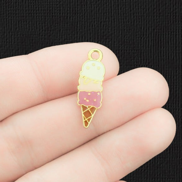 4 Ice Cream Cone Gold Tone Enamel Charms - E1446