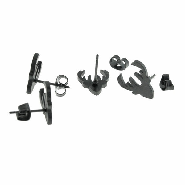 Gunmetal Black Stainless Steel Earrings - Reindeer Studs - 13mm x 11mm - 2 Pieces 1 Pair - ER494
