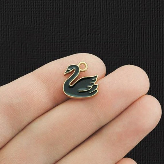 10 Black Swan Gold Tone Enamel Charms - E1103