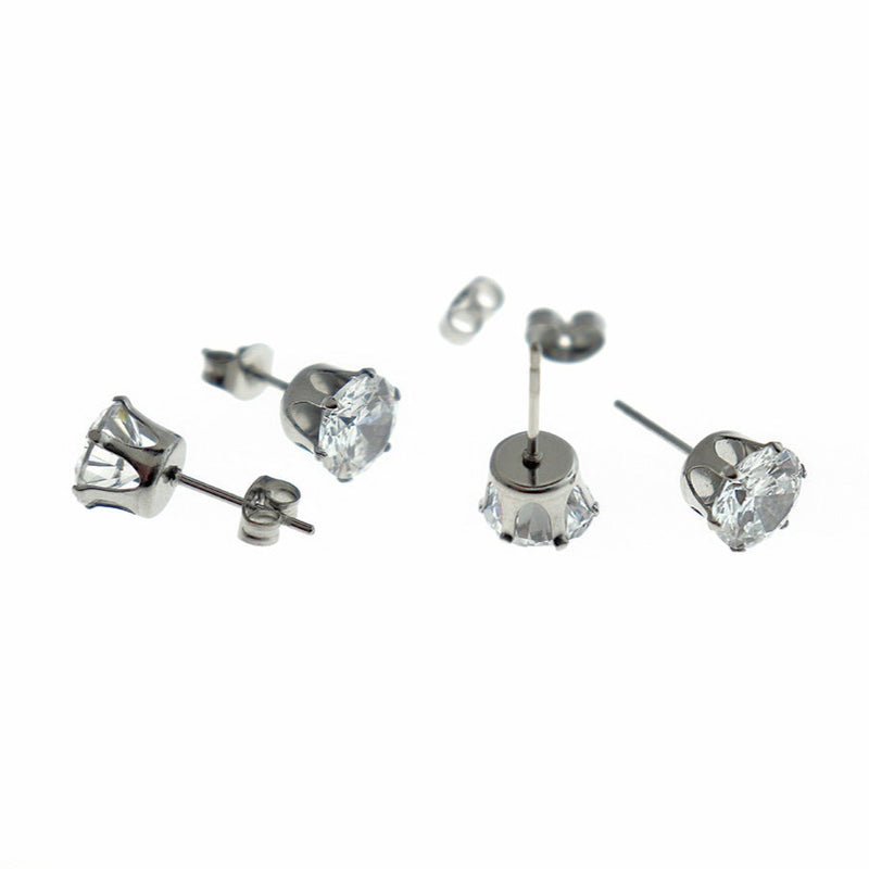 Stainless Steel Earrings - Cubic Zirconia Studs - 8mm x 6mm - 2 Pieces 1 Pair - ER537
