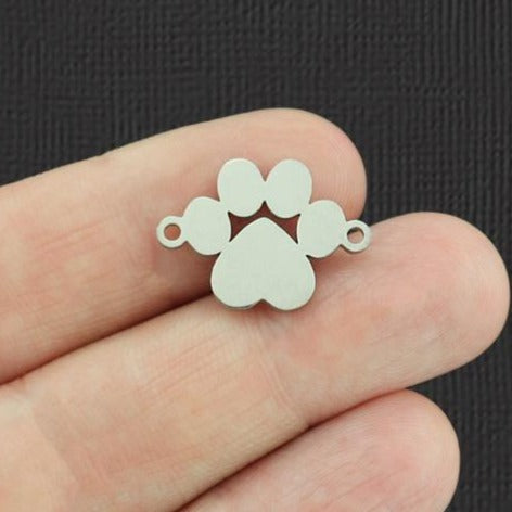 2 Paw Print Connector Silver Tone Stainless Steel Charms 2 Sided - SSP122