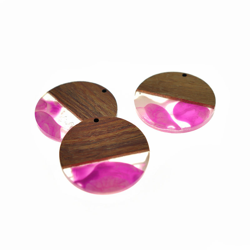 Round Natural Wood and Resin Charm 38mm - Pink Swirl - WP564