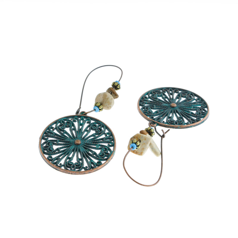 Antique Copper Tone Earrings - Hoops with Faux Patina Flower - 2 Pieces 1 Pair - ER379