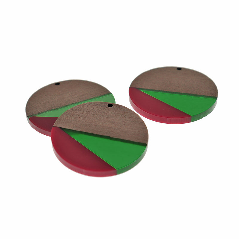Round Natural Wood and Resin Charm 38mm - Red and Green - WP505