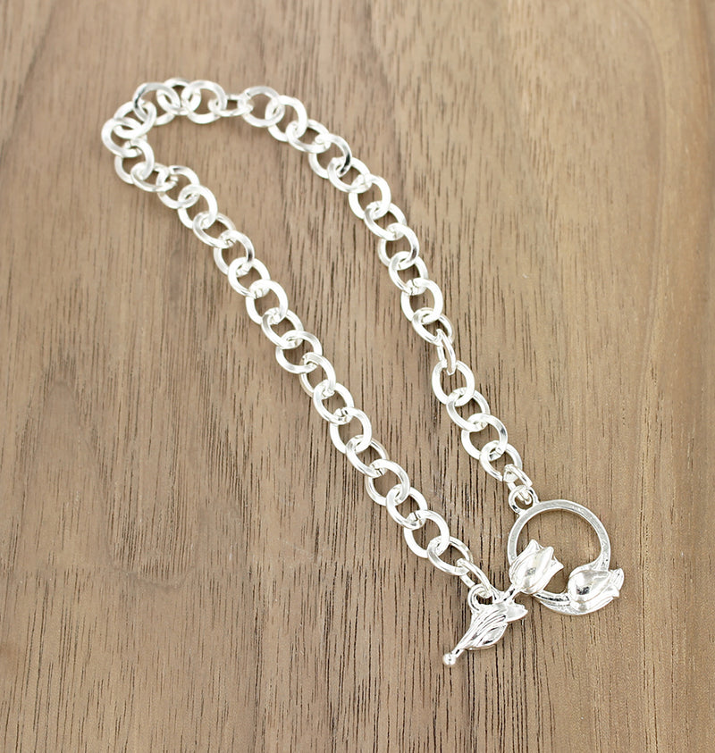 Silver Tone Flower Toggle Curb Chain Bracelet 8.5" - 6mm - 1 Bracelet - N478