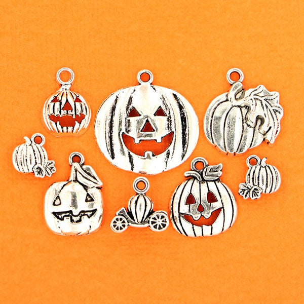 Pumpkin Charm Collection Antique Silver Tone 8 Charms - COL113