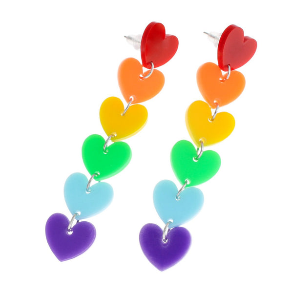 Acrylic Earrings - Rainbow Heart Studs - 75mm x 15mm - 2 Pieces 1 Pair - ER249