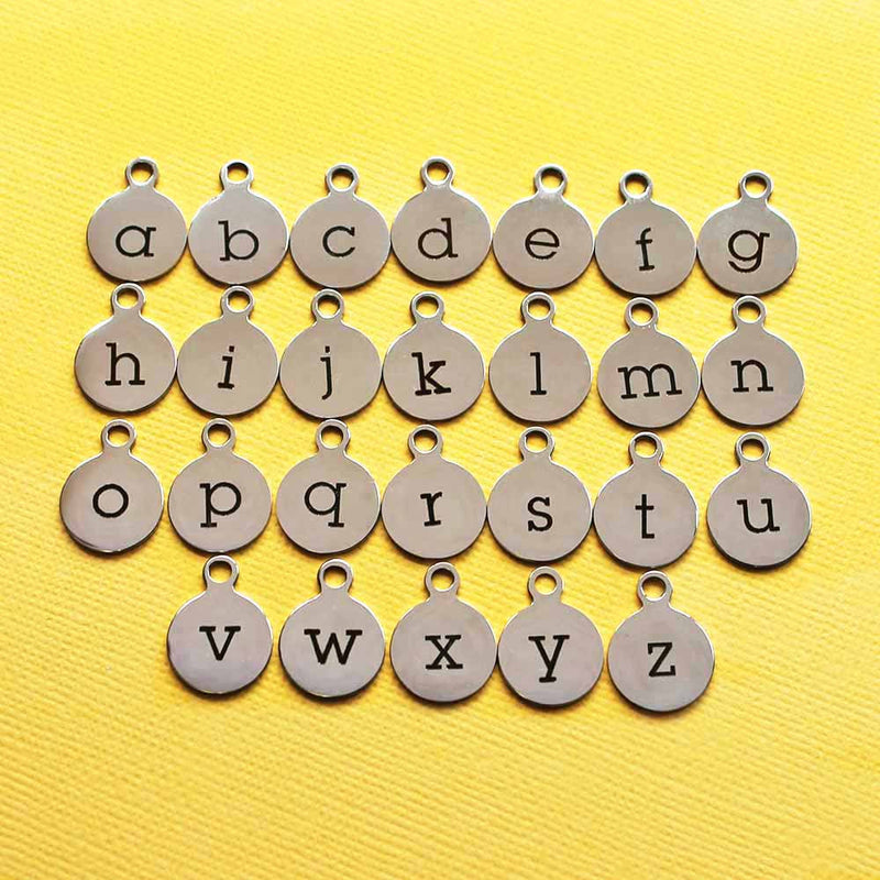 Stainless Steel Letter Charms - Full Alphabet 26 Letters - Lowercase Alphabet - 13mm With Loop - ALPHA1400BFS