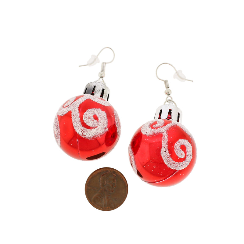 Silver Tone French Earrings - Red Christmas Bulbs - 60mm x 30mm - 2 Pieces 1 Pair - ER516