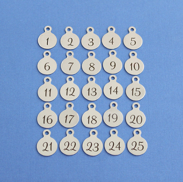 BULK 20 Stainless Steel Number Charms - Choose Your Number - 1 - 25 Cursive Font - NUMBER002IND-B