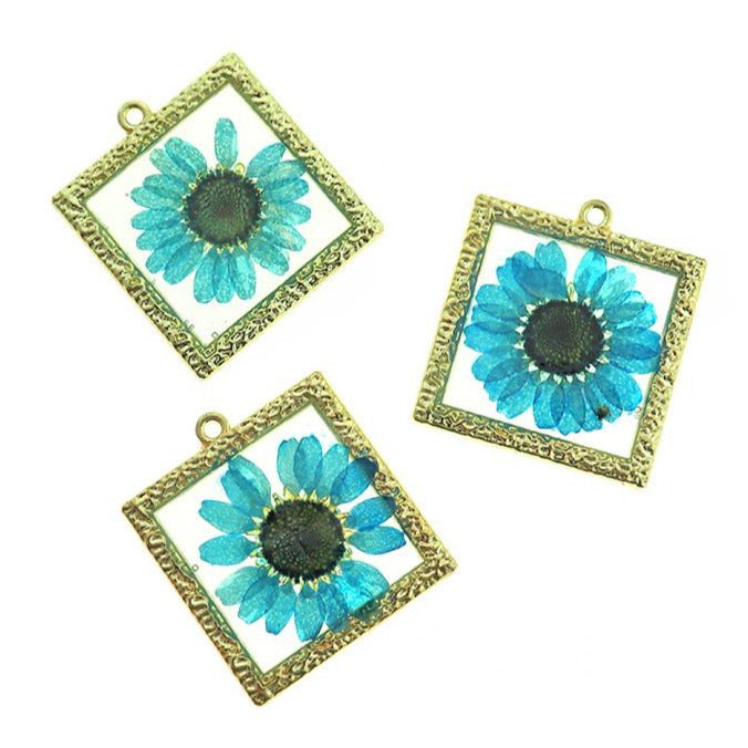 2 Blue Dried Flower Gold Tone and Resin Charms - Z096-E