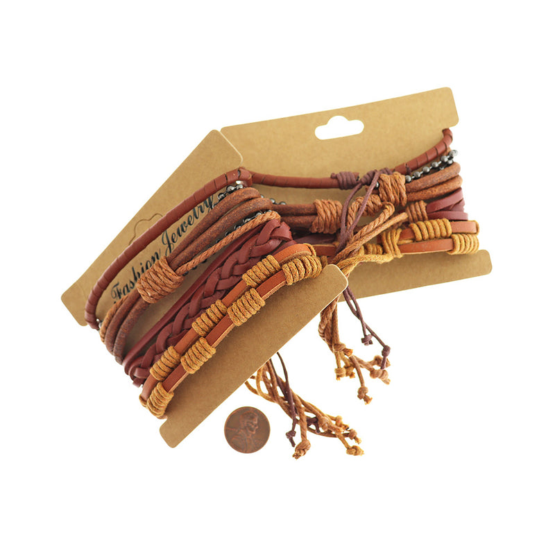 Assorted Brown Imitation Leather Adjustable Bracelet 2.3" - 5mm - 1 Set 4 Bracelets - N822