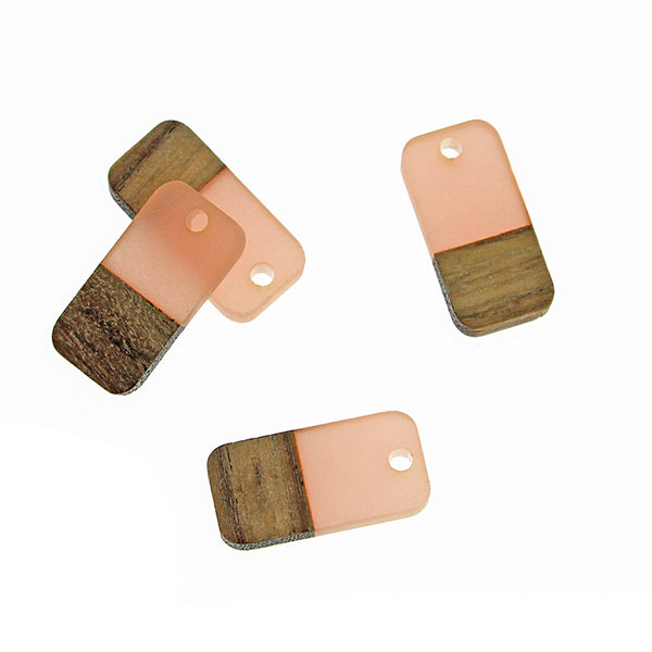 4 Rectangle Natural Wood and Light Salmon Resin Charms 20mm - WP038