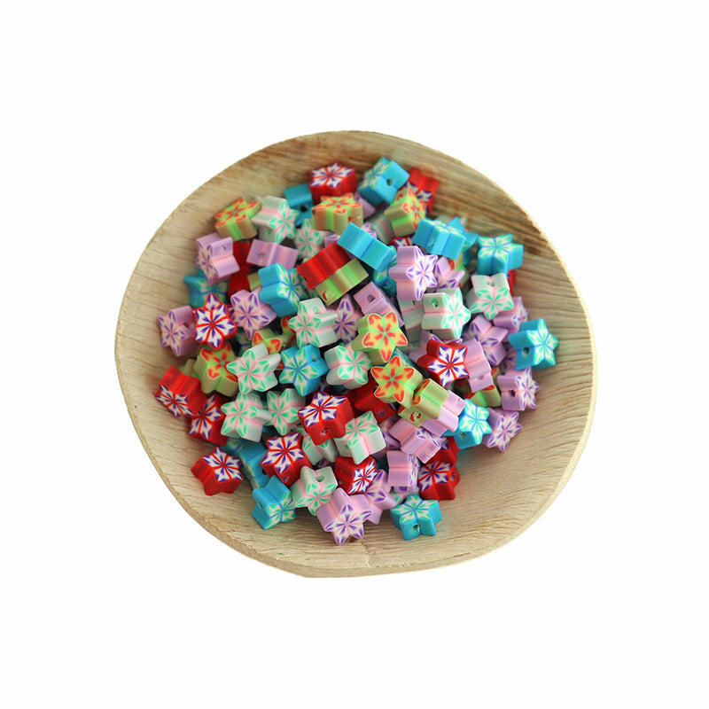 Assorted Floral Star Polymer Clay Beads 10mm x 5mm - 40 Beads - BD2228