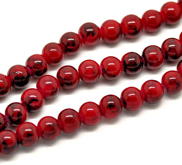Perles de Verre Rondes 8mm - Mottle Crimson et Noir - 1 Rang 105 Perles - BD095
