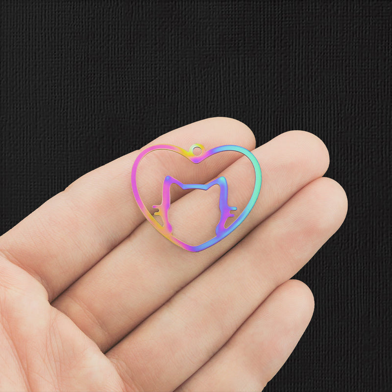 4 Heart Cat Rainbow Electroplated Stainless Steel Charms 2 Sided - SSP317