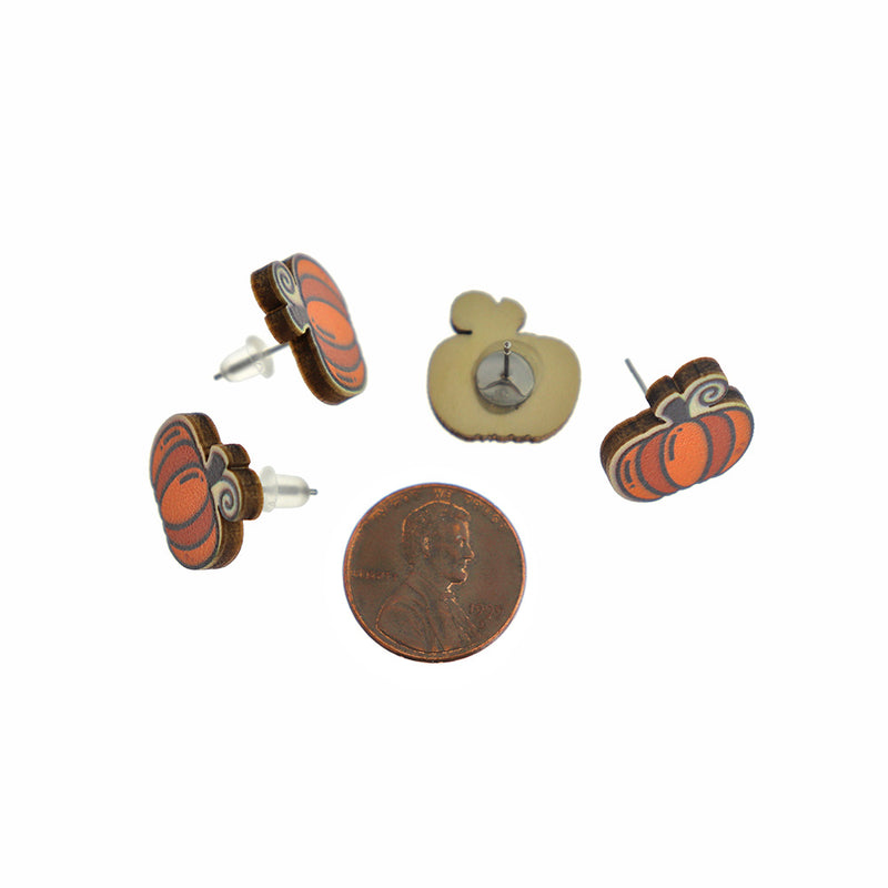Wood Earrings - Pumpkin Studs - 13mm x 13mm - 2 Pieces 1 Pair - ER971