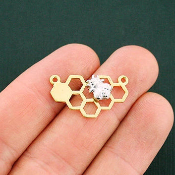 4 Honeycomb Bee Connector Gold and Silver Tone Charms - GC949
