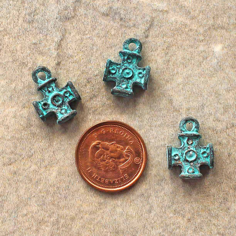 Cross Antique Copper Tone Mykonos Charms with Green Patina 2 Sided - BC1554