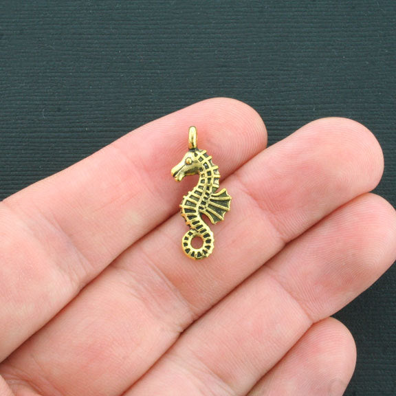 10 Seahorse Antique Gold Tone Charms 2 Sided - GC399