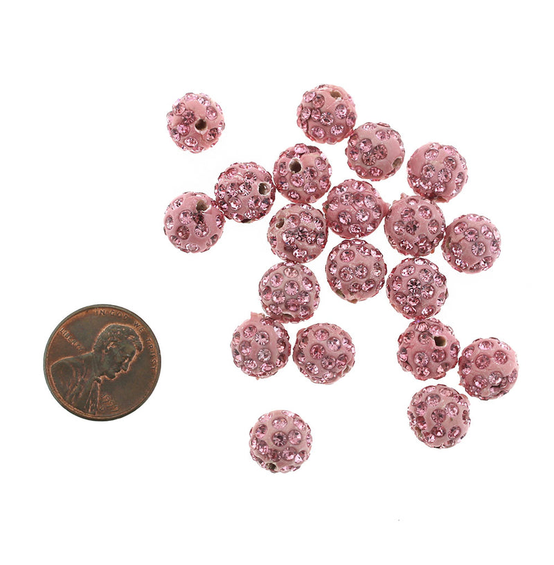 Perles Rondes Strass Pâte Polymère 10mm - Rose Clair Scintillant - 15 Perles - BD256