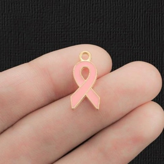 8 Pink Awareness Ribbon Gold Tone Enamel Charms - E262