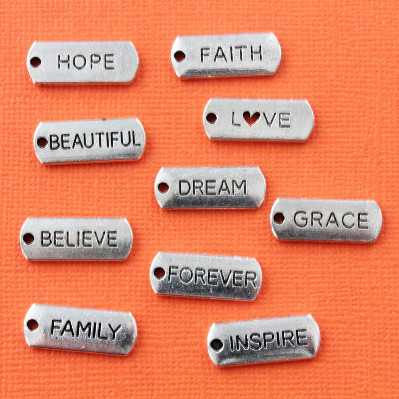Word Charm Collection Antique Silver Tone 10 Different Tag Charms - COL312