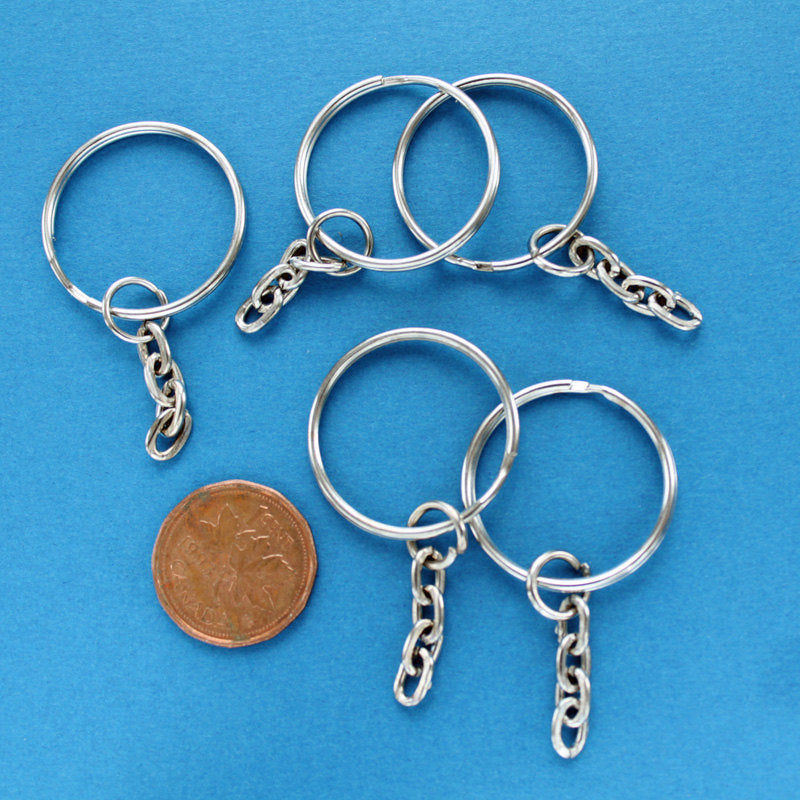 Silver Tone Key Rings with Attached Chain - 25mm - 50 Pieces - Z059