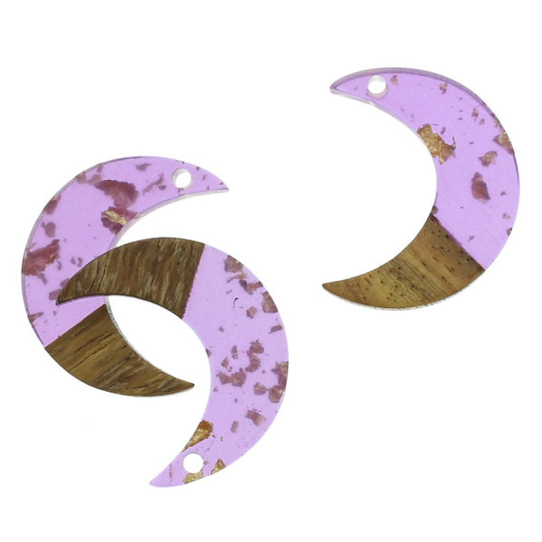2 Crescent Moon Natural Wood and Purple and Gold Resin Charms 28mm - WP292