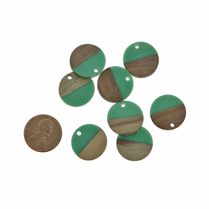2 Round Natural Wood and Sea Green Resin Charms 18mm - WP100