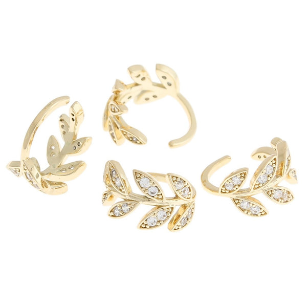 Gold Tone Brass Earring Cuff - Leaf With Inset Rhinestones - 13.5mm x 8mm - 1 Piece - ER418