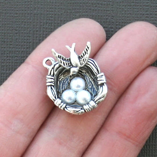 BULK 10 Bird Nest Antique Silver Tone Charms with 3 Imitation Pearls - SC1993