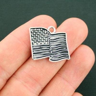 6 American Flag Antique Silver Tone Charms 2 Sided - SC6244