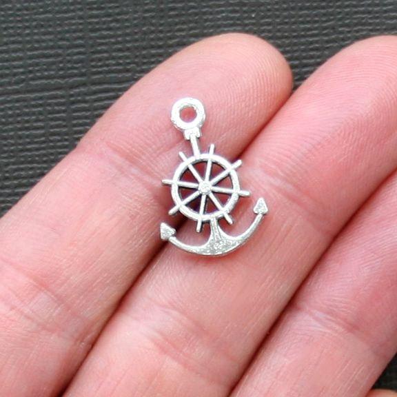 6 Anchor Helm Antique Silver Tone Charms 2 Sided - SC2611