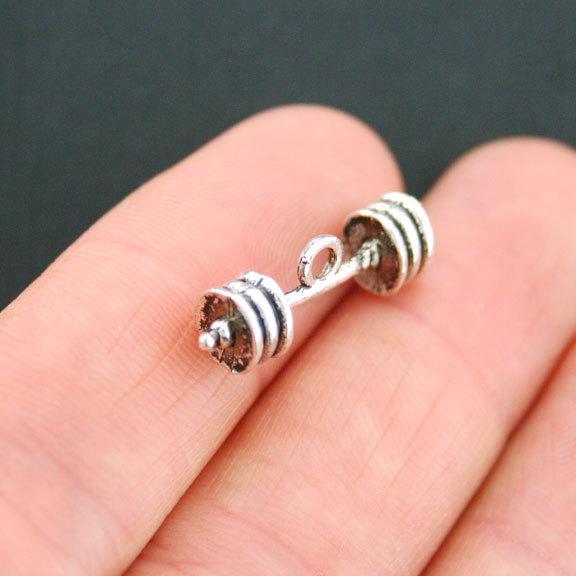 6 Barbell Antique Silver Tone Charms 3D - SC5306