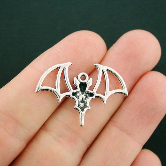 6 Bat Antique Silver Tone Charms - SC7448