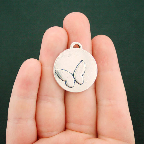 6 Butterfly Antique Silver Tone Charms 2 Sided - SC3716