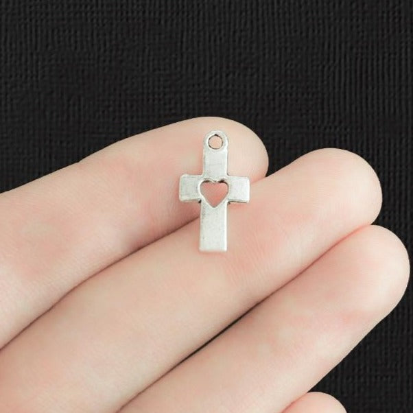 6 Cross with Heart Charms Antique Silver Tone 2 Sided - SC492