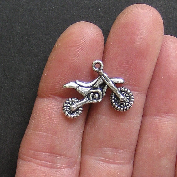 6 Dirtbike Antique Silver Tone Charms 2 Sided - SC751