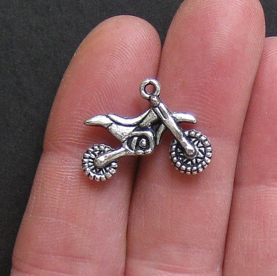 6 Dirtbike Antique Silver Tone Charms 2 Sided - SC751