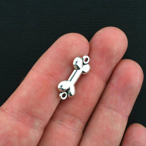 6 Dog Bone Connector Antique Silver Tone Charms 2 Sided - SC687