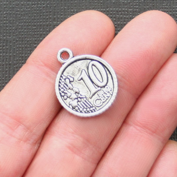 6 Euro Coin Antique Silver Tone Charms 2 Sided - SC628