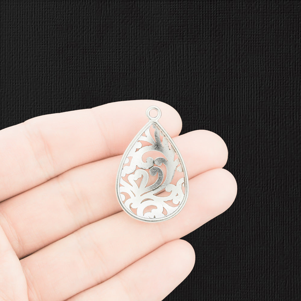 6 Filigree Drop Silver Tone Charms - SC1765