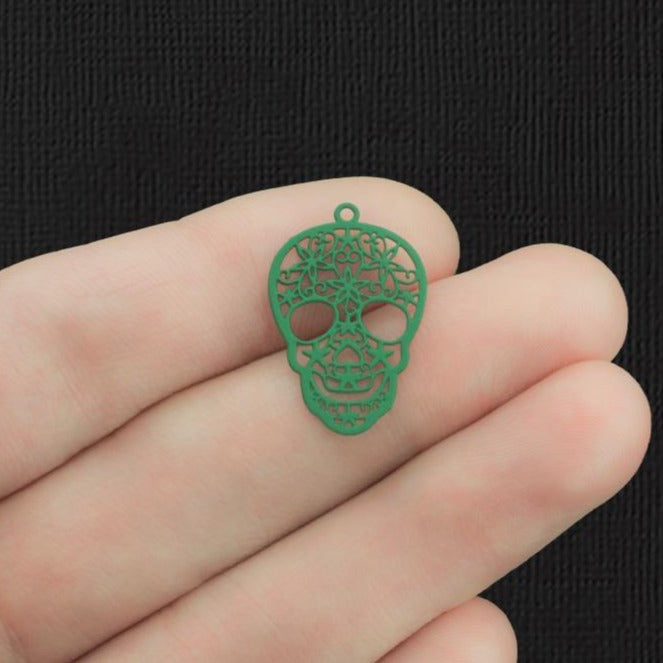 6 breloques en acier inoxydable émail vert tête de mort en filigrane 2 faces - SSP337